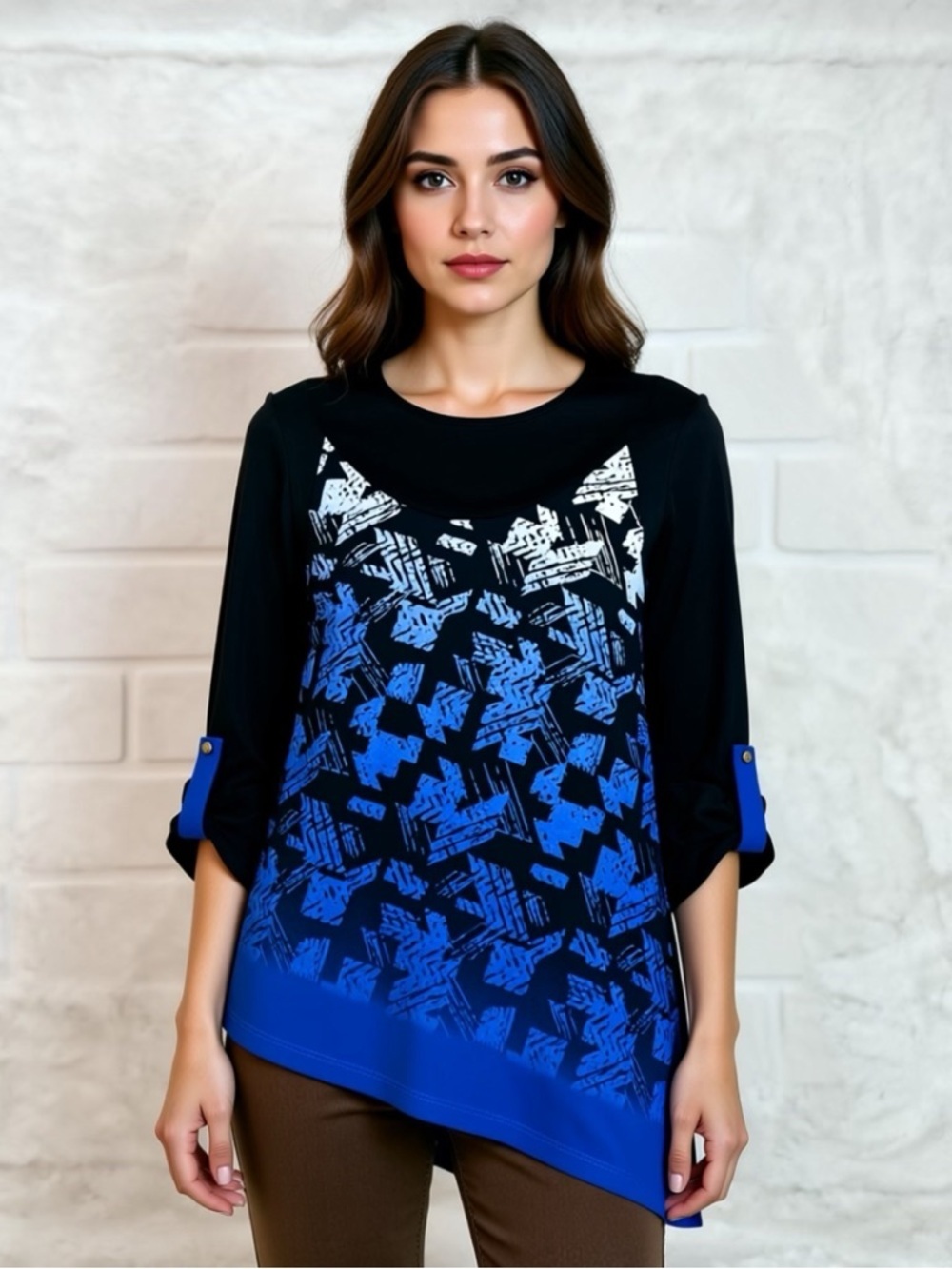 Joseph Ribkoff Womens Size 4 Stretchy Black Blue Pattern Crewneck Top Tab Sleeve